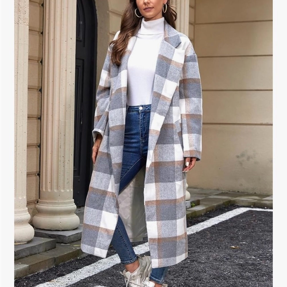 NWOT Plaid Trench Coat - Gray and Tan Size XL
